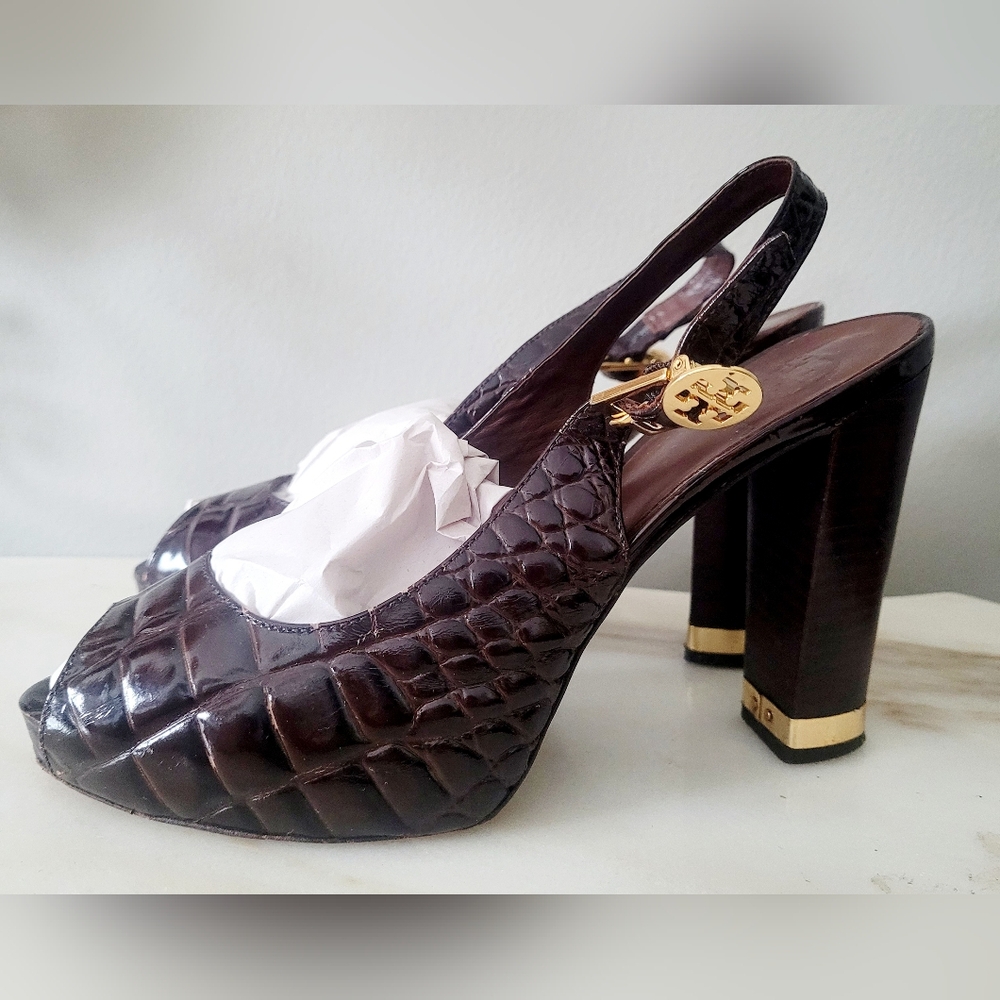 Tory Burch Allison Stanning Patent Crocs Leather Slingback Peep Toe Heels US 8.5